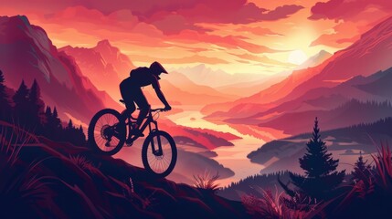 Mountain Biking Adventure: Illustrate a dynamic background of a mountain biking adventure with rugged terrain, forest trails, and a high-tech bike navigating the path.