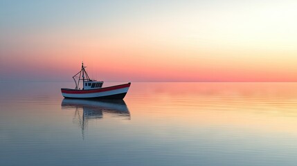 Naklejka premium A fishing boat floating gently on calm waters at sunrise, with plenty of open space in the sky for adding text.