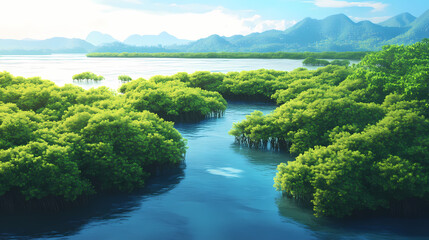 Naklejka premium Aerial view of mangrove forest and sea. Mangrove Forest. Illustration