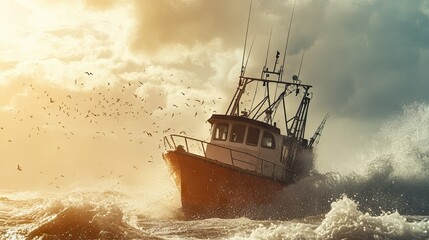 Obraz premium A fishing boat in action with waves splashing around it, leaving room in the sky above and around for text.