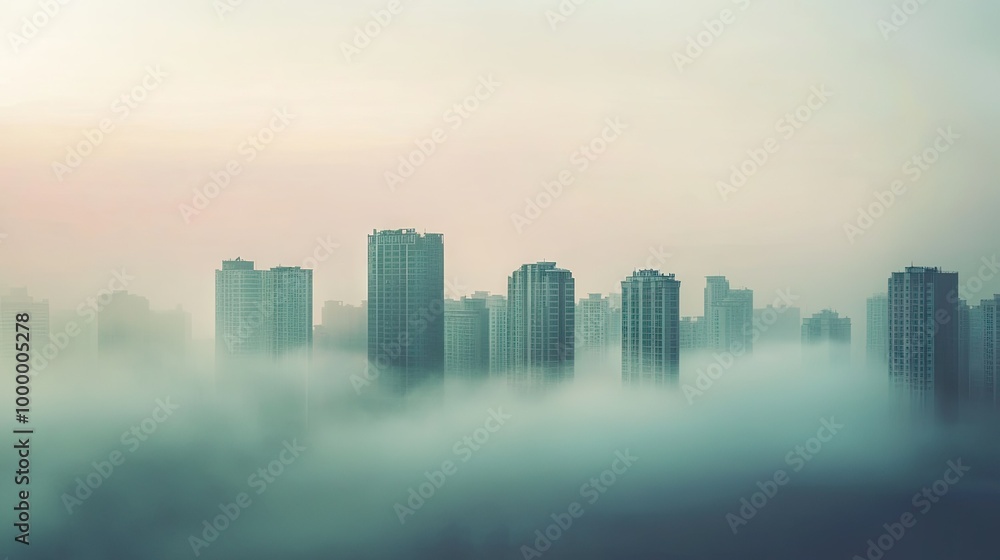 Poster a foggy morning view of a cityscape with buildings partially obscured, featuring ample open space in