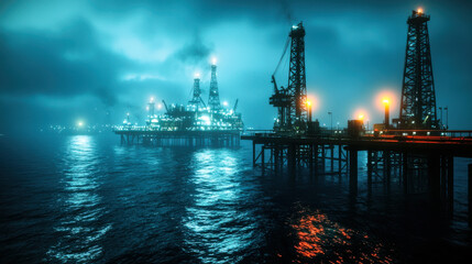 Obraz premium Oil rigs illuminated at night in stormy sea.