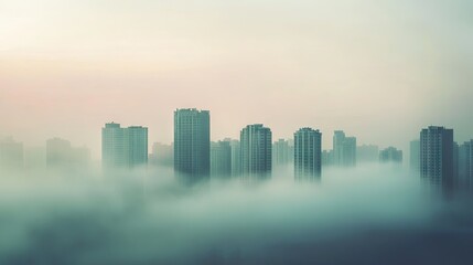 Fototapeta premium A foggy morning view of a cityscape with buildings partially obscured, featuring ample open space in the sky for text.