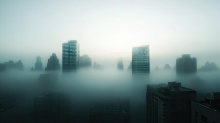 Fototapeta premium A foggy morning view of a cityscape with buildings partially obscured, featuring ample open space in the sky for text.