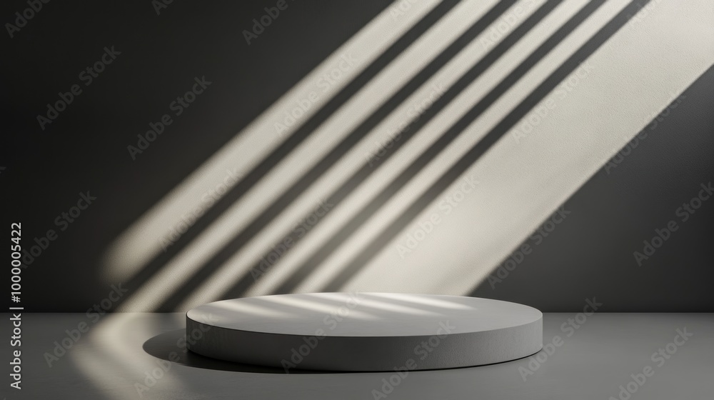 Poster a minimalistic display platform with shadows and light creating a dramatic effect.