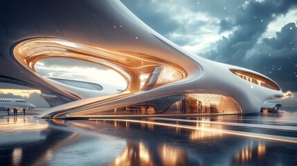 Fototapeta premium A futuristic architectural marvel featuring smooth curves, warm lighting, and a reflective surface under a moody sky, creating a striking visual impression.