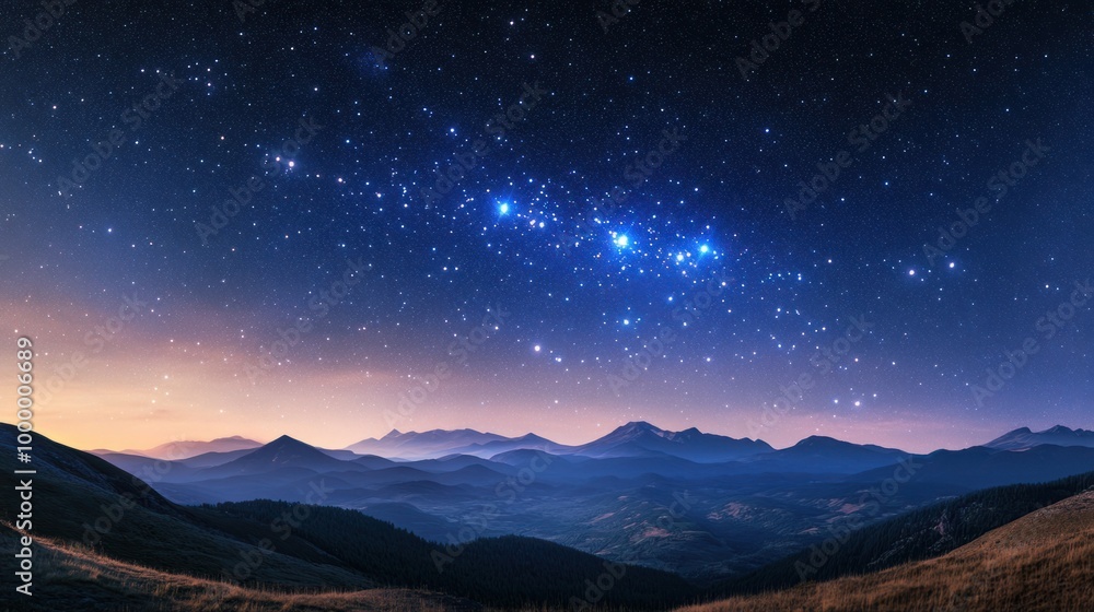 Wall mural a panoramic view of the hercules constellation shining brightly above a serene mountain range under 