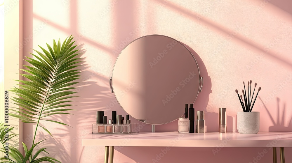 Poster a modern dressing table with a mirror and makeup neatly arranged, with plenty of space around for te