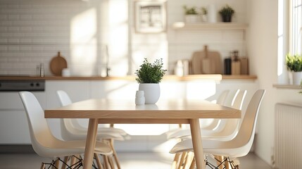 Obraz premium A modern dining table set with minimal decor in a bright kitchen, with clean space around for copy.