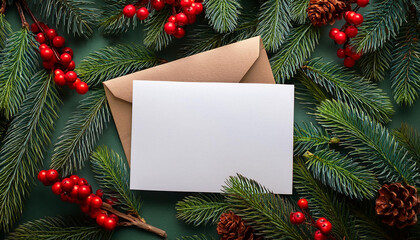 Top view of blank card and envelope on fir branches and red berries. Christmas mockup, New Year