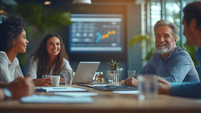 Smiling professionals having a collaborative meeting in a modern office, with a presentation screen in the background showing data charts. - Powered by Adobe