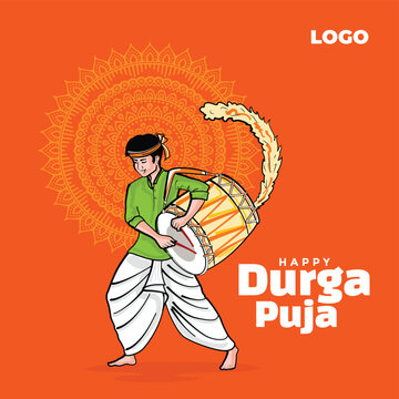 Durga puja creative concept, Illustration of Dhaki playing Dhak Dhol at puja mondop. Social media design template.