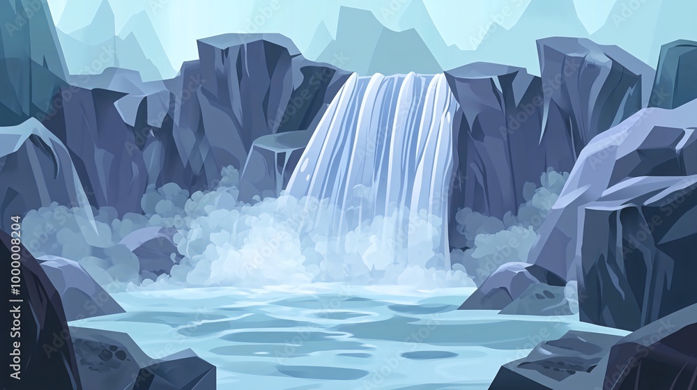 Poster a serene waterfall cascading over rocky cliffs, creating a misty pool at its base.