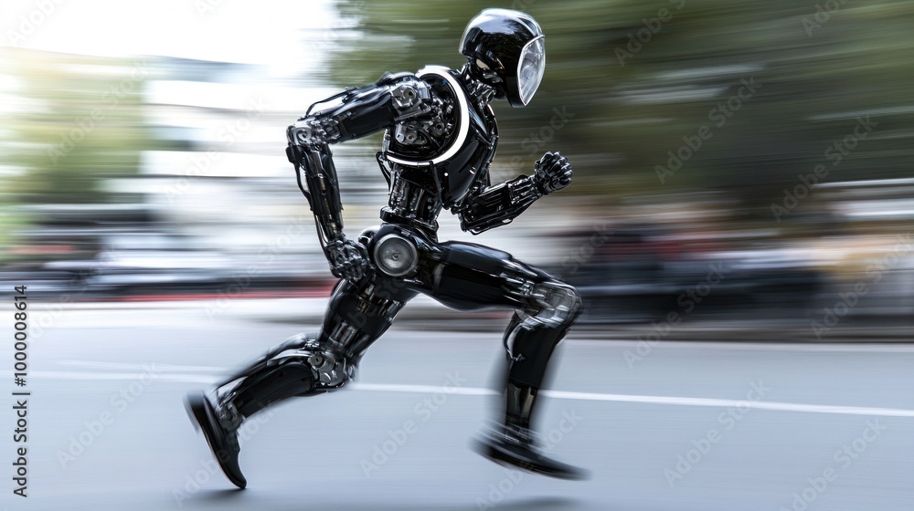 Poster a futuristic robot running swiftly through a cityscape.