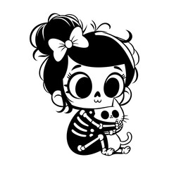 Cute spooky skeleton with kitten. Vector illustration.