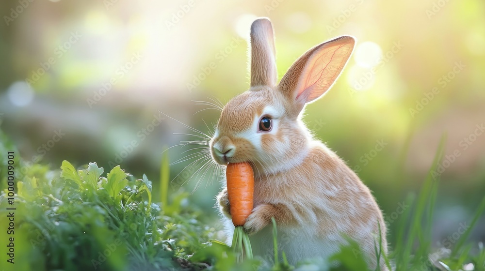 Poster a rabbit munching on a carrot with a clean, unobtrusive background offering plenty of room for addin