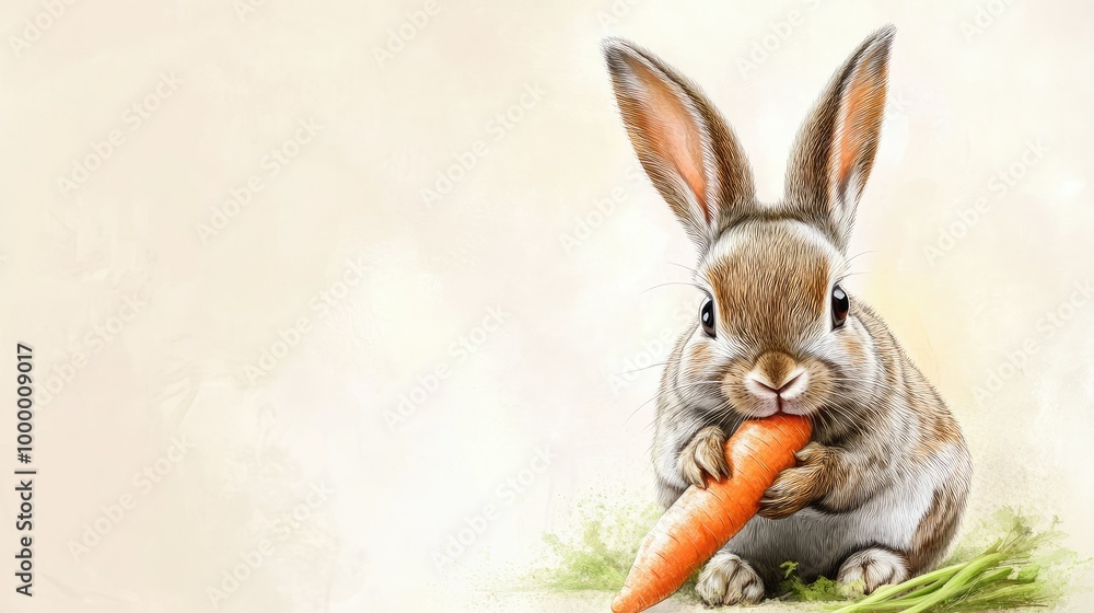 Poster a rabbit munching on a carrot with a clean, unobtrusive background offering plenty of room for addin