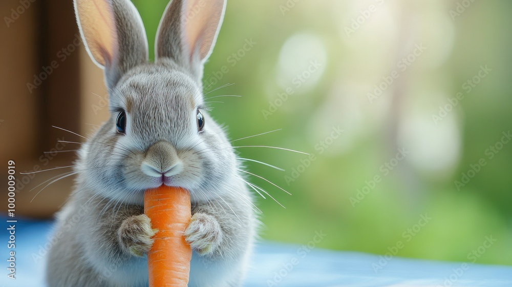 Poster a rabbit munching on a carrot with a clean, unobtrusive background offering plenty of room for addin