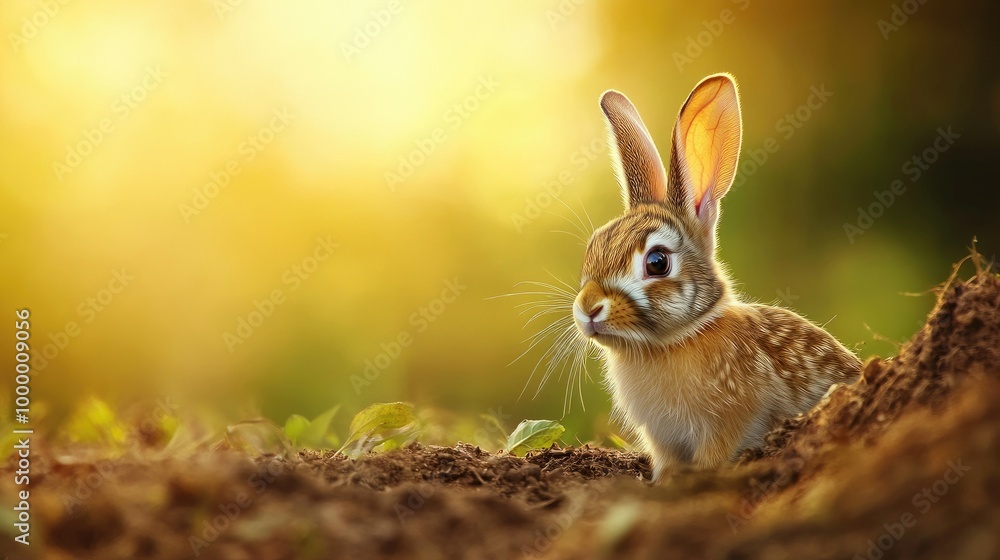 Poster a rabbit peeking out of a burrow with a soft-focus background, offering ample space for adding text 