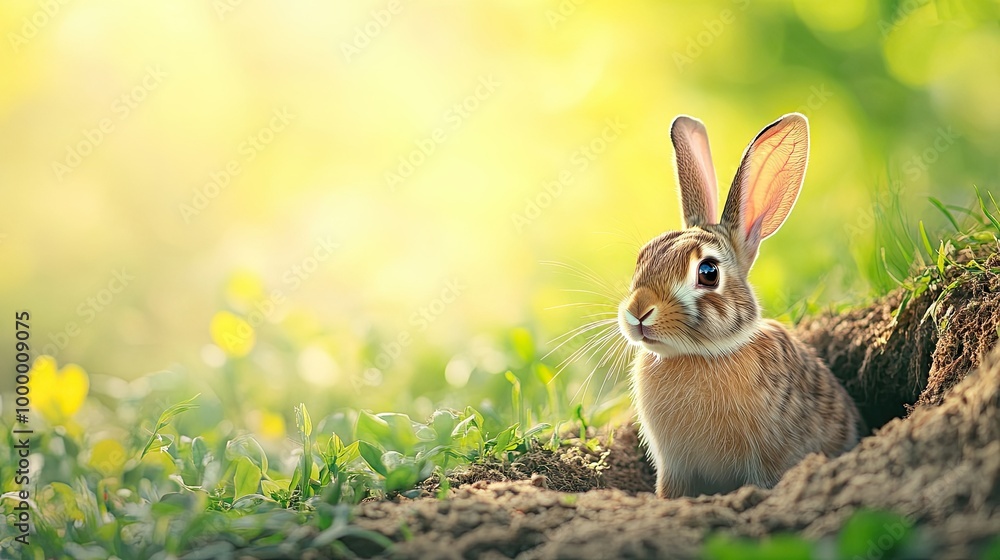 Poster a rabbit peeking out of a burrow with a soft-focus background, offering ample space for adding text 