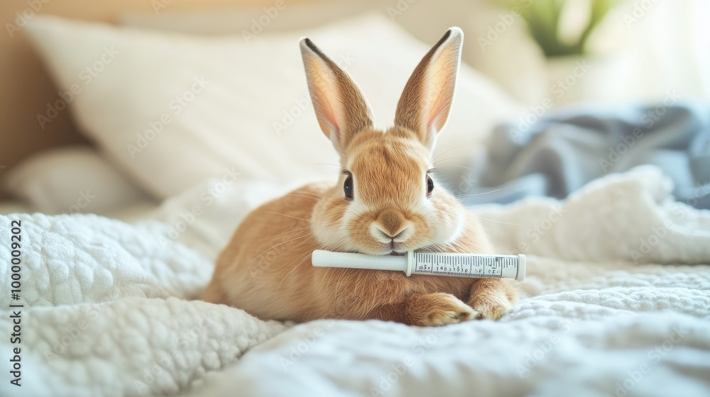 Poster a rabbit with a thermometer in its mouth, resting on a bed with a clean background, offering space f