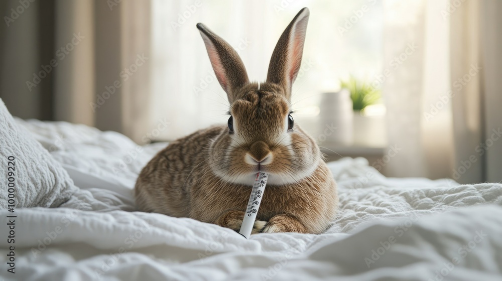 Poster a rabbit with a thermometer in its mouth, resting on a bed with a clean background, offering space f