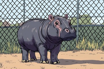 Pygmy Hippo Calf Standing Near Zoo Fence - Cartoon Illustration.