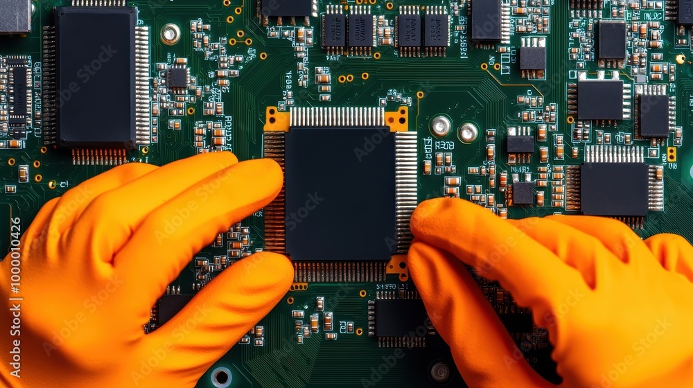 Poster close-up of hands in orange gloves working on a computer circuit board for electronic assembly and r