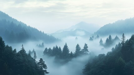 Obraz premium A serene landscape with a sea of fog flowing through a forest, with ample clear space in the sky for text placement.