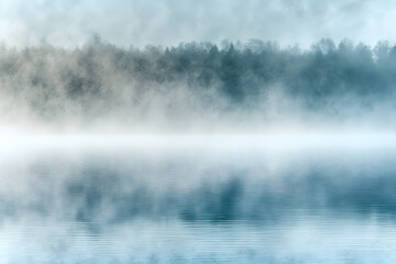 Obraz premium Foggy forest landscape with mist rising from the river and clouds in the sky