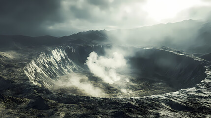 Obraz premium Dynamic closeup of an active volcanic crater billowing steam and ash against a backdrop of rugged scorched earth and ominous sky. Volcanic Crater. Illustration