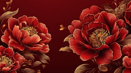 Intricate gold peony flower outlines on a deep red background, ideal for luxury Chinese New Year illustrations, Chinese New Year, Elegant and traditional design
