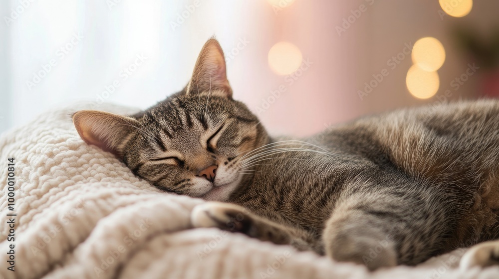 Poster a sick cat resting on a soft bed with a supportive pillow, surrounded by a soft-focus background for