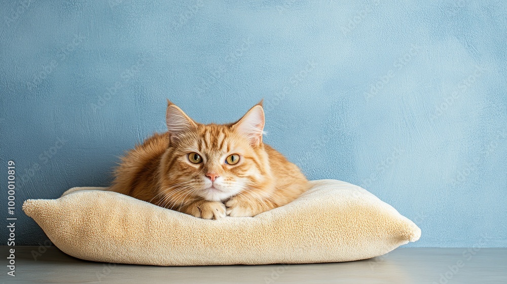 Poster a sick cat with a droopy expression lying on a pet bed, with ample space around for adding text or c