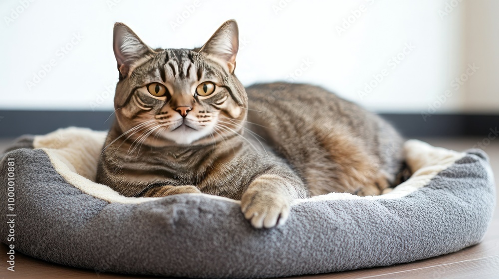 Poster a sick cat with a droopy expression lying on a pet bed, with ample space around for adding text or c