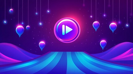 A glowing play button sits on a platform made of neon blue and purple stripes in front of a dark background with glowing orbs and abstract shapes. Generative ai