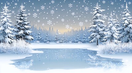 A serene winter landscape with a frozen lake and snow-covered pine trees under a falling snow.