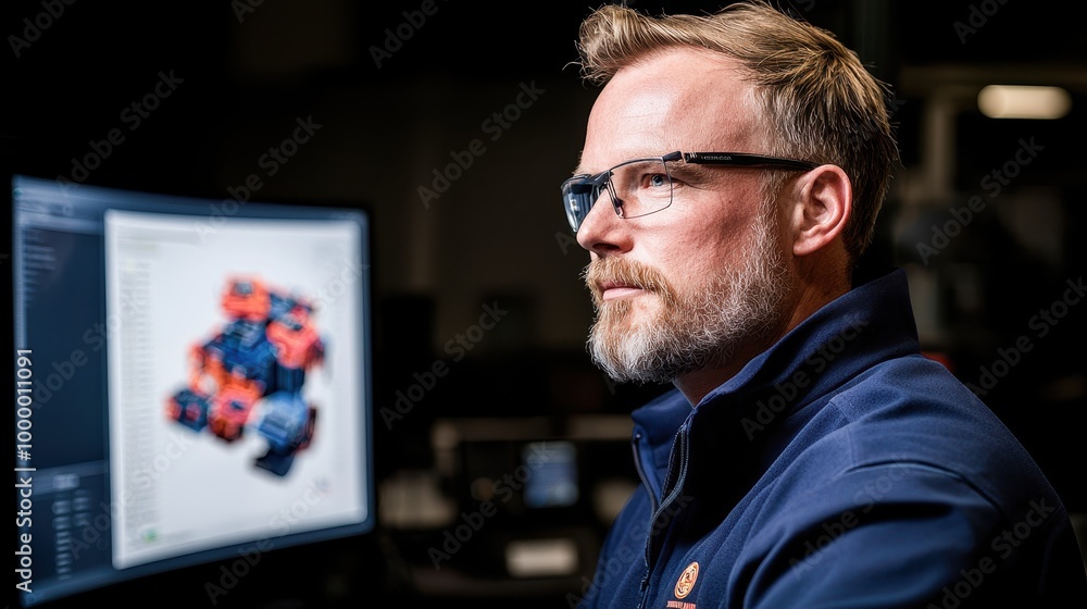 Aufkleber focused professional analyzing 3d model on computer screen in a modern workspace, showcasing technol