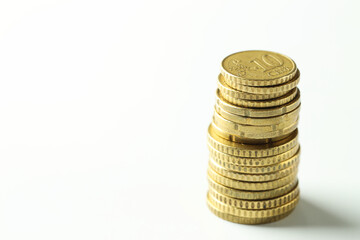 Stacked euro coins on white background, space for text