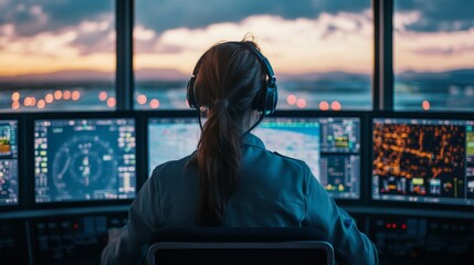 A focused individual monitors multiple screens in a control tower against a sunset backdrop, emphasizing precision and technology in air traffic management.