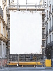 A blank white poster mockup on a temporary construction site fence, with the scaffolding and unfinished building in the background.