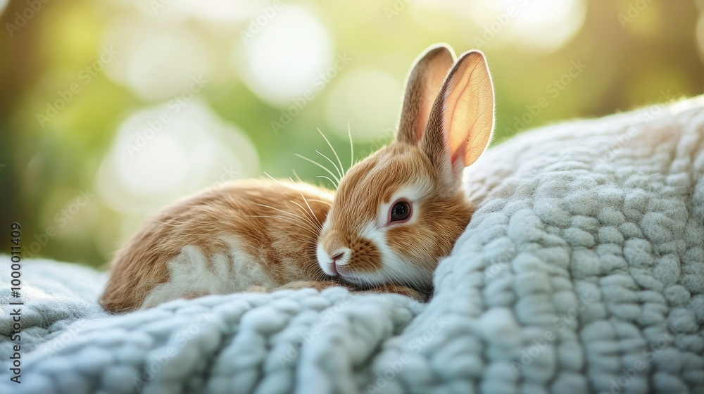 Poster a sick rabbit lying on a soft blanket with a supportive pillow, surrounded by a clear, soft-focus ba