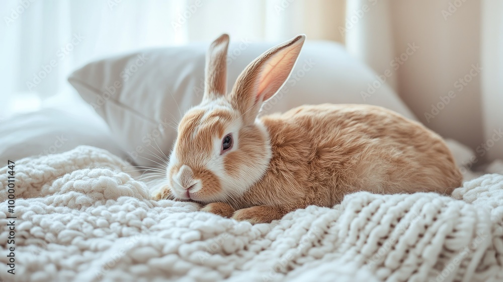 Poster a sick rabbit lying on a soft blanket with a supportive pillow, surrounded by a clear, soft-focus ba