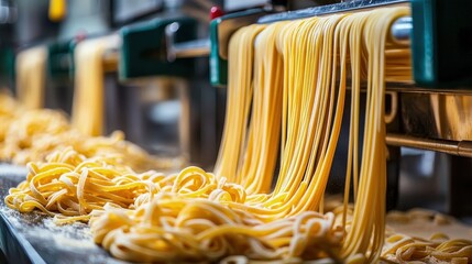 Freshly made pasta flowing from a machine, highlighting the art of pasta production in a vibrant kitchen setting.