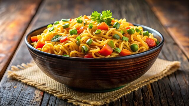 Instant masala Maggi noodles served in a bowl with selective focus and blurred background