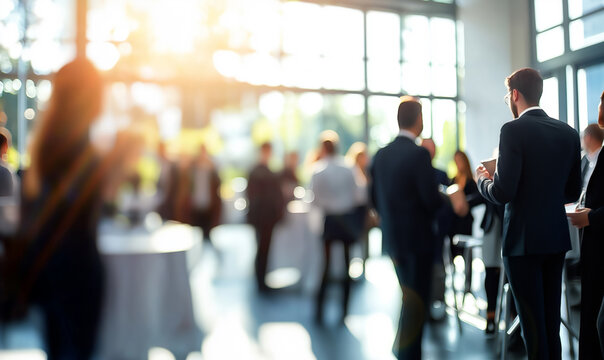 Blurred silhouettes of business professionals mingling at a networking event in a modern, sunlit atrium with floor-to-ceiling windows