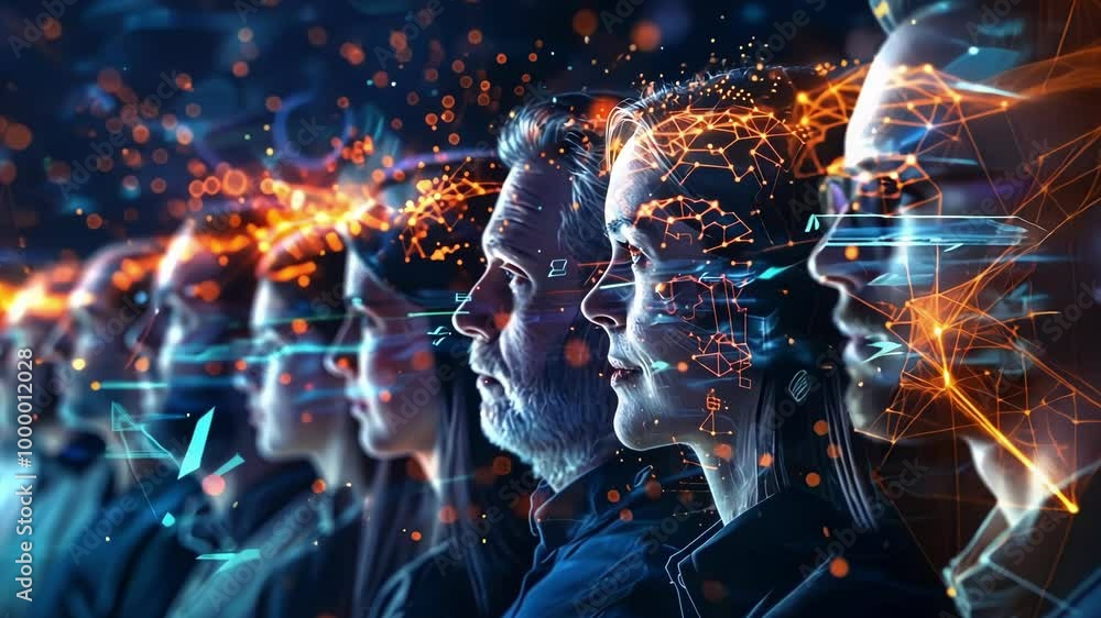 Aufkleber diverse group of people is connected by a network of glowing lines and dots, representing neural con