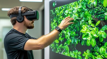 Man using virtual reality headset interacting with digital foliage display.