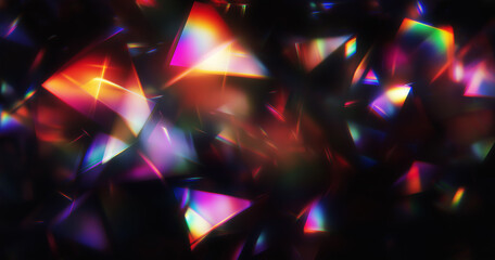 An abstract composition of colorful, translucent prism shapes with vibrant light reflections, creating a dynamic, kaleidoscopic effect on a dark background