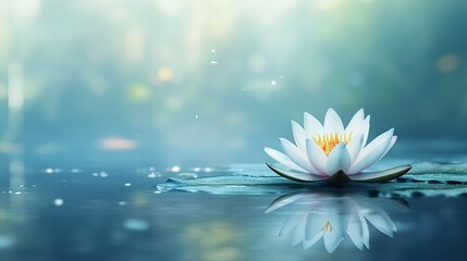 A single lotus flower blooming in a calm pond with clear water and ample space in the background for text.